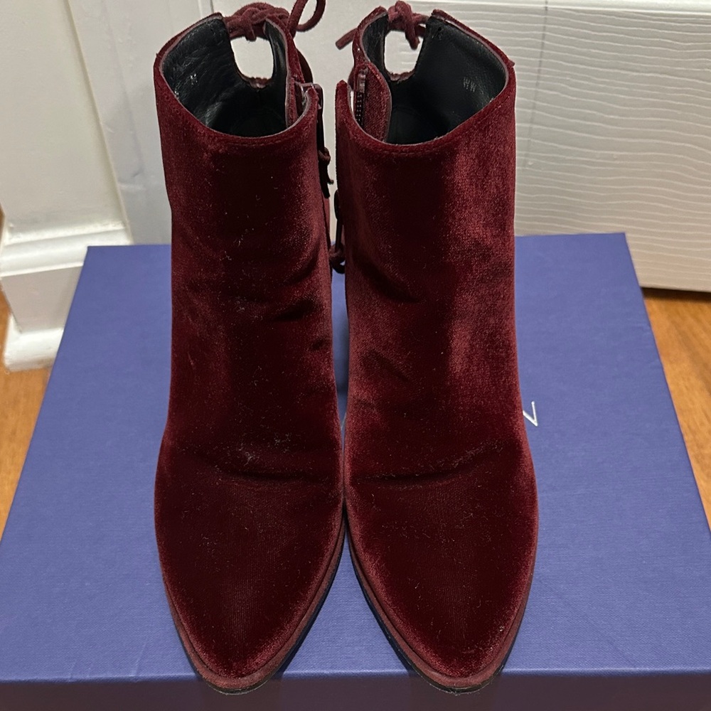 Stuart Weitzman “Lofty” Velvet Ankle Boots - Bordeaux Velvet